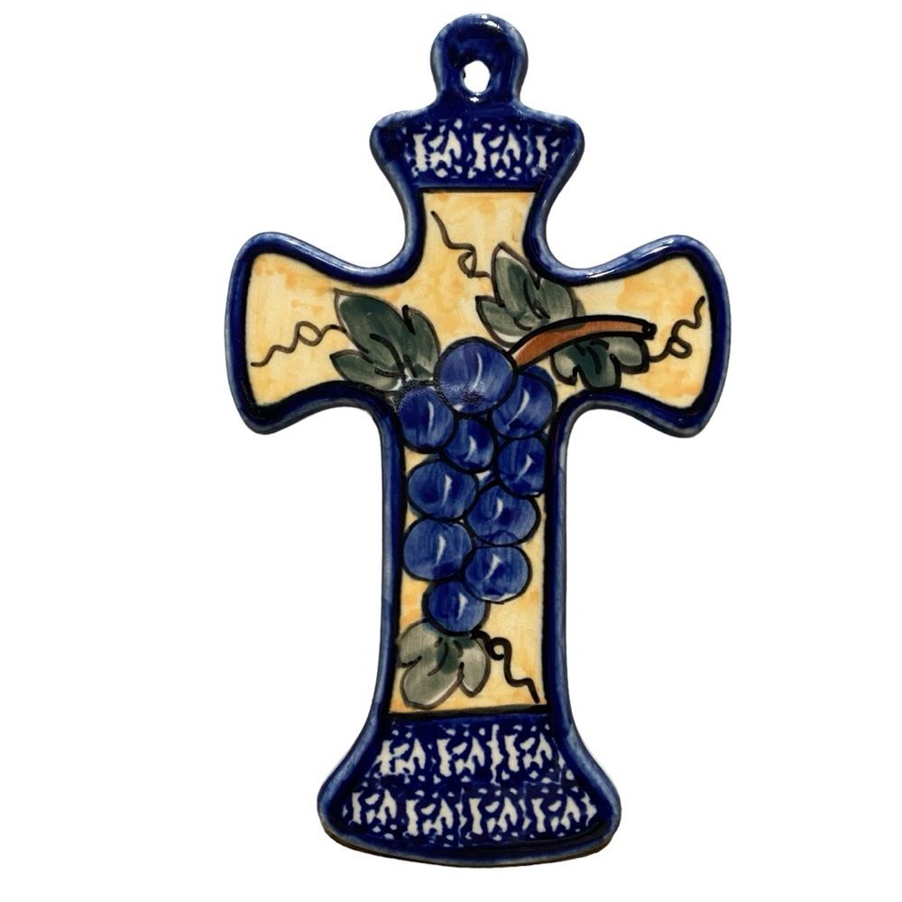 Hand Made Polish Pottery Painted Ceramic Cross Wall Hanging Grapes